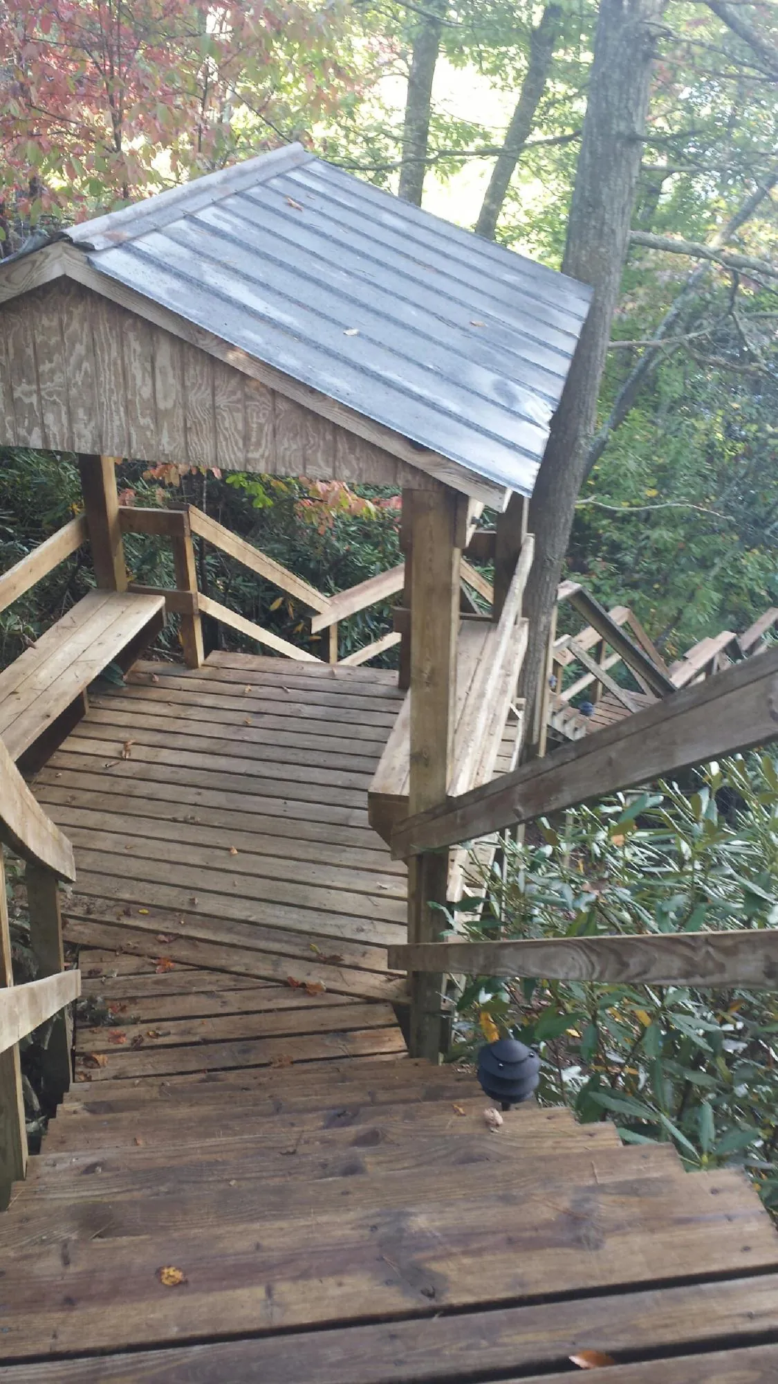 Metal roofed shelter over wooden steps on a wooded walkway — Skylight Repair & Installation work by our crew in Gibbonsville