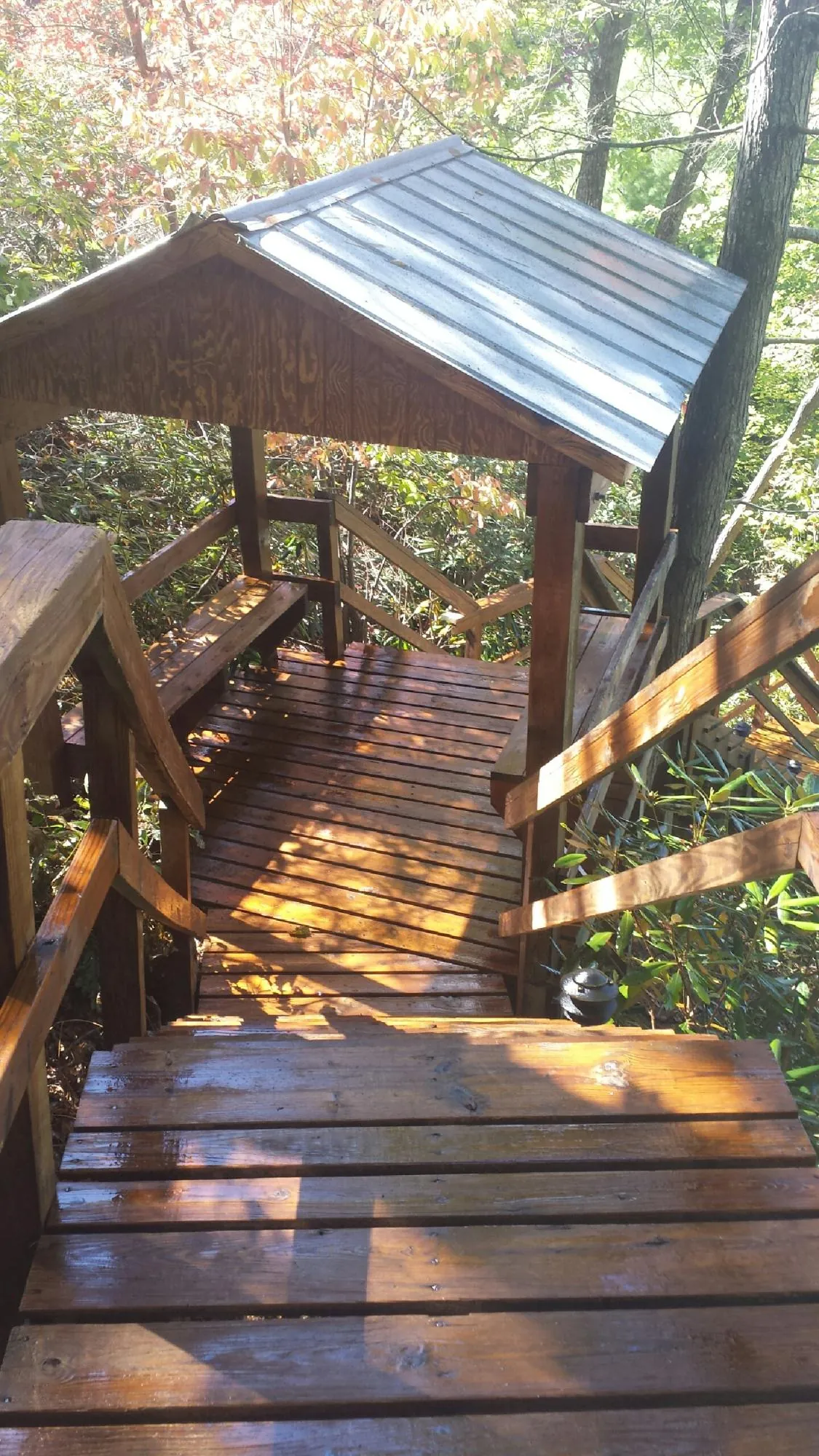 Freshly stained wood walkway and covered shelter with a metal roof in Gibbonsville